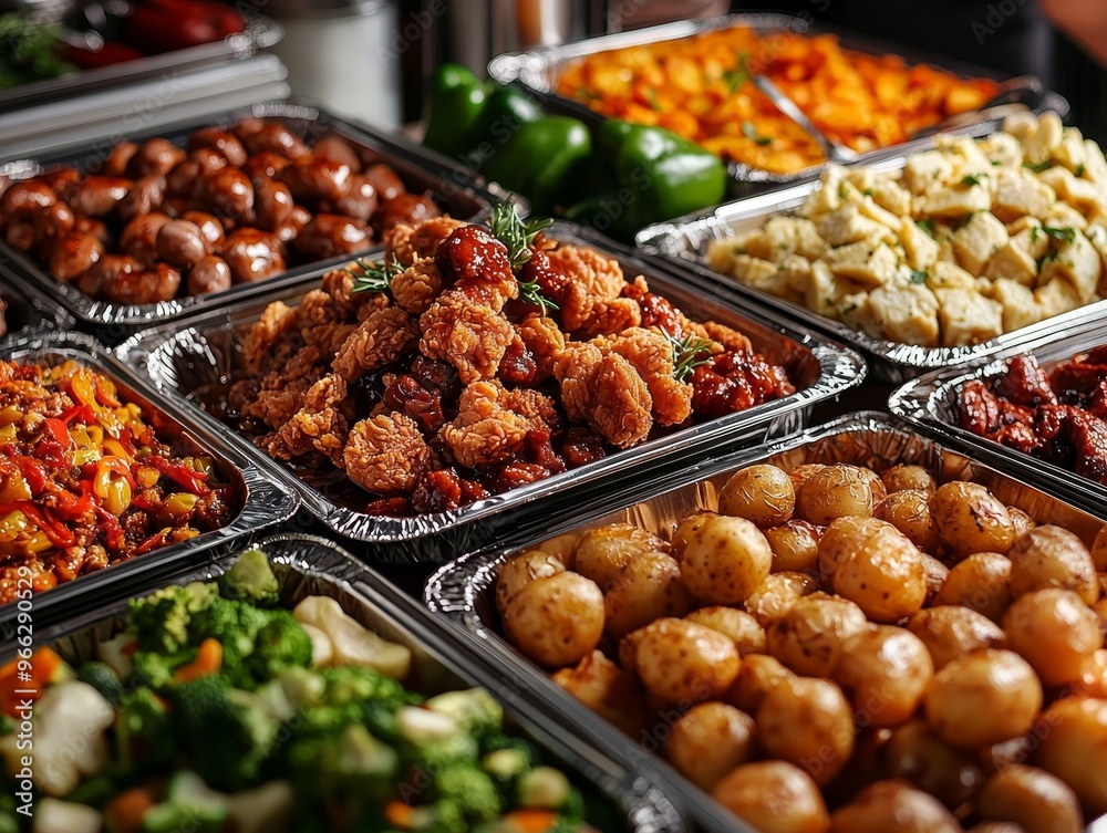Overhead View of a Catered Buffet with Fried Chicken Potatoes and Veggies in Foil Pans Overhead View of a Catered Buffet with Fried Chicken Potatoes and Veggies in Foil Pans