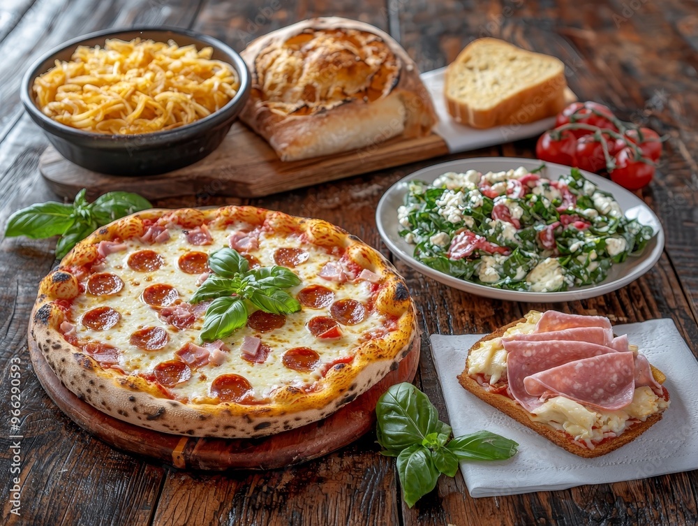 Overhead View of a Rustic Italian Feast Pepperoni Pizza Salad Salami Bread 143 characters