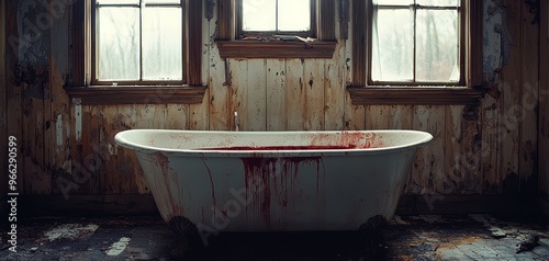 BloodFilled Tub in a Decaying Room A haunting perspective on a forgotten crime scene photo