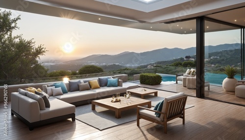 luxury outdoor seating area lounge or terrace with nature panoramic view