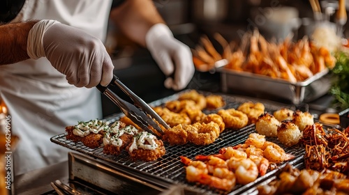 Chefs Perspective Gloved Hand Arranging Fried Seafood Shrimp on a Grill CloseUp