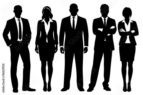 Group of Business Men and Women Silhouettes in Suits and Dresses. Silhouette of confident business people, business team silhouette.