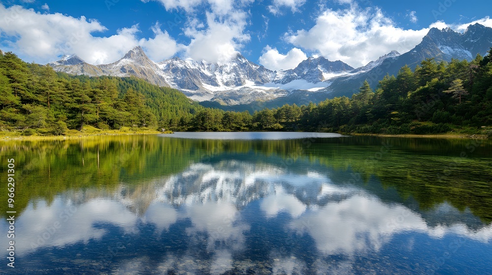 1. A serene mountain lake with crystal-clear water reflecting the surrounding snow-capped peaks 1. A serene mountain lake with crystal-clear water reflecting the surrounding snow-capped peaks