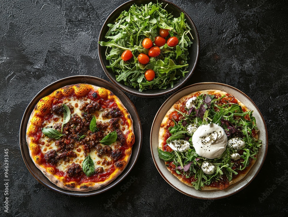 Overhead View of Two Pizzas with Arugula Cherry Tomato Salad on Black Surface Overhead View of Two Pizzas with Arugula Cherry Tomato Salad on Black Surface