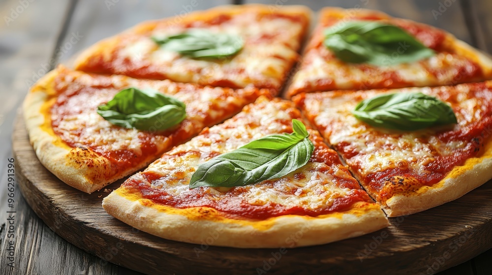 CloseUp of a Perfectly Sliced Pizza with Basil Garnish on Rustic Wood Board CloseUp of a Perfectly Sliced Pizza with Basil Garnish on Rustic Wood Board