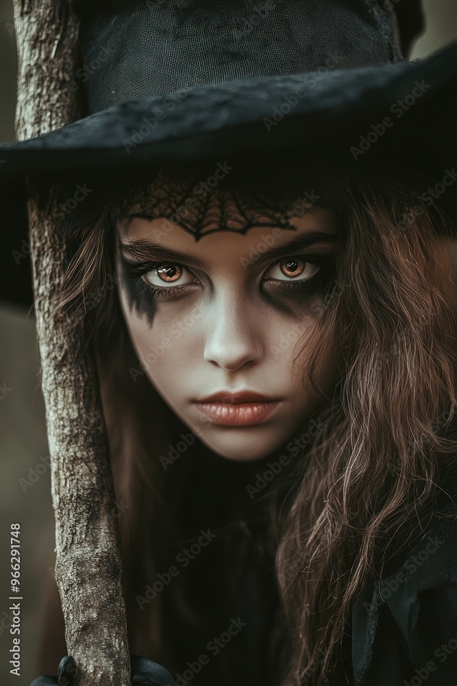 A close-up of a witch with striking makeup and a black hat, holding a stick in a forest. A close-up of a witch with striking makeup and a black hat, holding a stick in a forest.