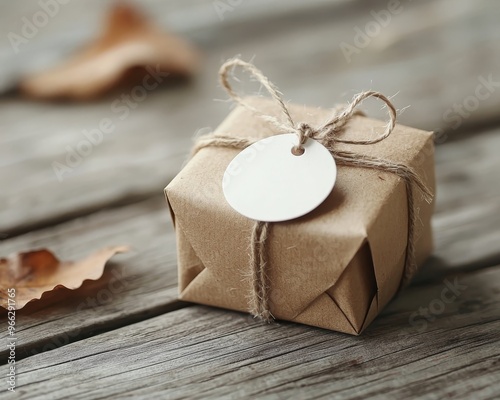 Rustic Gift Closeup of a brown paperwrapped package with a blank tag tied with twine on a weathered wooden surface photo