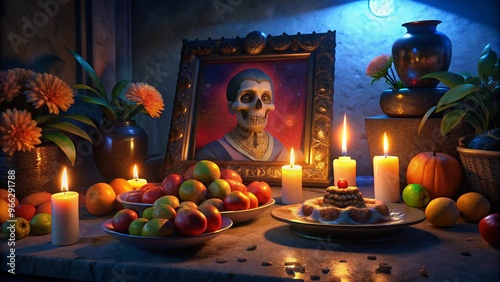 Colorful Day of the Dead Offering Featuring Fruit, Candles, and Vibrant Decorations for Cultural Celebrations photo