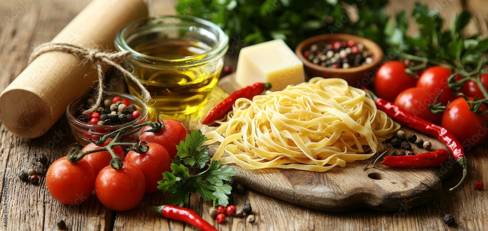 Rustic Still Life A CloseUp of Fresh Pasta Tomatoes and Spices on a Wooden Board Rustic Still Life A CloseUp of Fresh Pasta Tomatoes and Spices on a Wooden Board