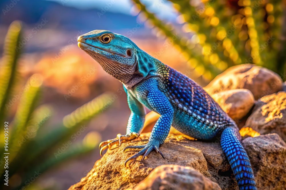 Vibrant blue-bellied lizard perches on a rocky outcropping in the desert, its scaly skin glistening in the bright Vibrant blue-bellied lizard perches on a rocky outcropping in the desert, its scaly skin glistening in the bright