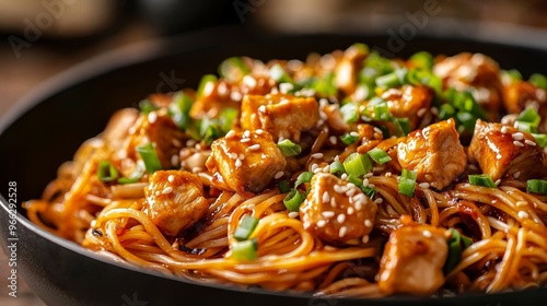 Closeup of Teriyaki Chicken Noodles with Sesame Seeds and Green Onions in a Black Bowl Asian Cuisine Delight