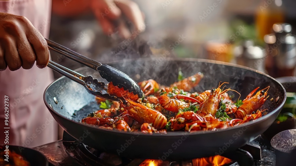 Steaming Shrimp StirFry A CloseUp View of a Chef Using Tongs to Toss Seafood in a Wok Over a Blazing Fire