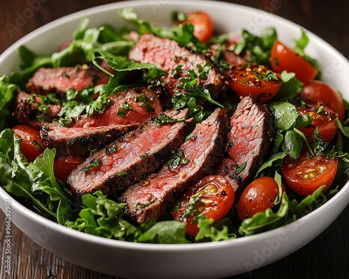 Closeup Top View of Steak Salad with Cherry Tomatoes and Greens in a White Bowl on a Wooden Table