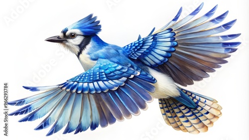 Vibrant blue jay with majestically spread wings and feathers detailed in soft, whimsical watercolor hues against a photo