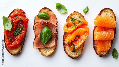 Gourmet Bruschetta Variety TopDown Perspective with Basil Garnish CloseUp photo