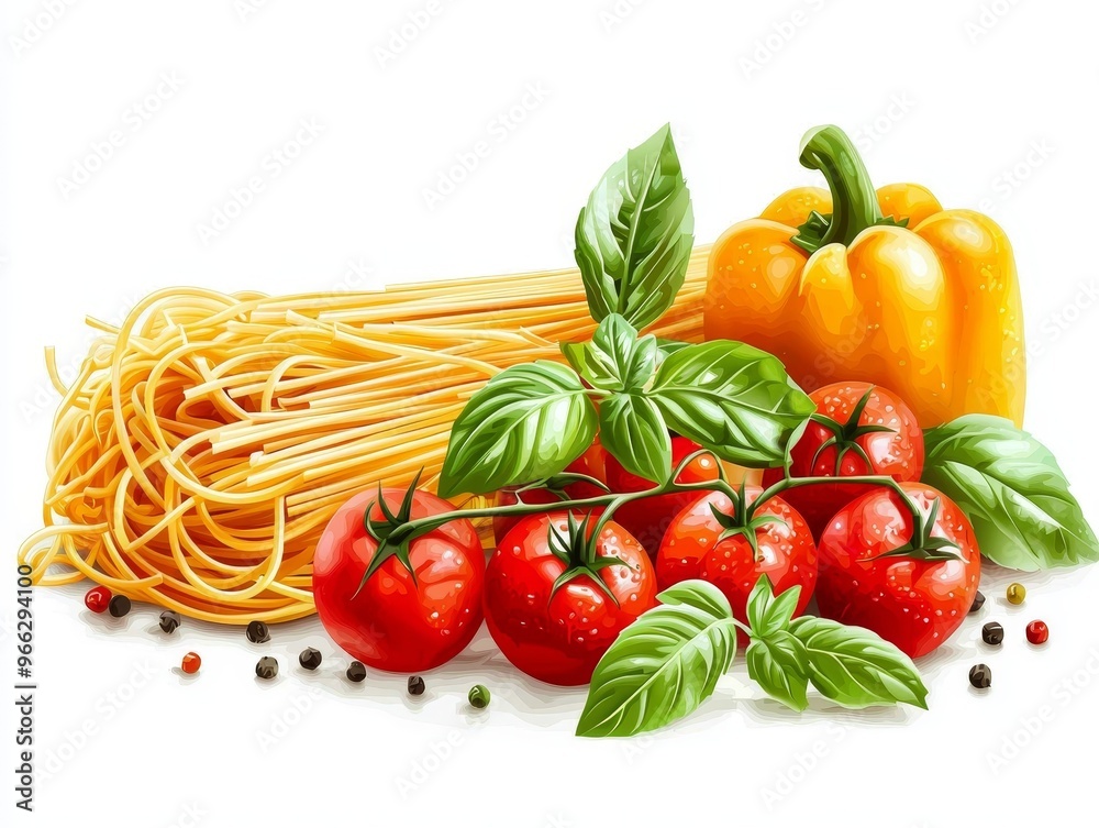 Vibrant Still Life A Nest of Spaghetti Tomatoes Basil and Peppercorns on White Background