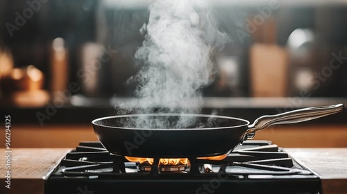 Low Angle View of Steam Rising from a Black Frying Pan on a Gas Stove Blurry Background