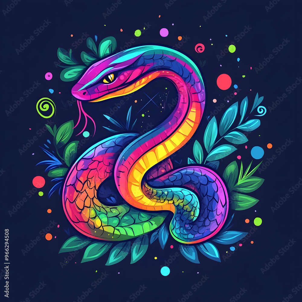 a colorful, bright snake and leaves on a dark background a colorful, bright snake and leaves on a dark background
