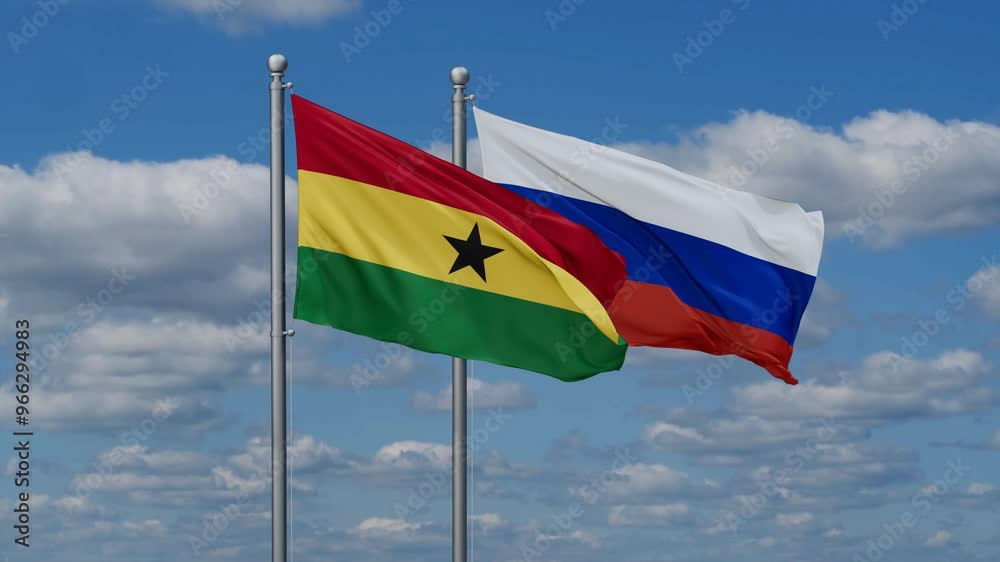 Russian Federation and Ghana flags flying together, video concept of the relationship Russian Federation and Ghana flags flying together, video concept of the relationship