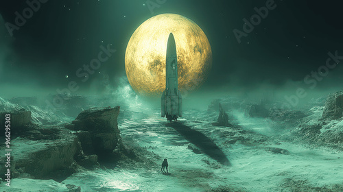 A lone figure stands on a moonlit surface, gazing at a massive rocket beneath a glowing full moon in a desolate landscape