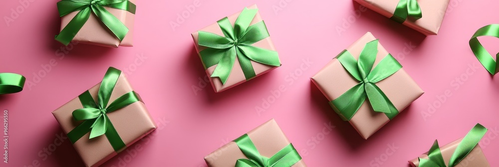 Obraz premium A top view of gift boxes creatively wrapped with green ribbons on a pink background. The boxes symbolize celebration, joy, love, and anticipation.