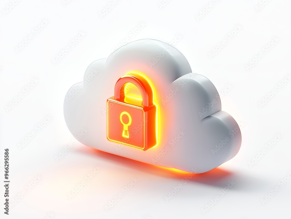 digital futuristic white 3D cloud with glowing gold color padlock symbol (icon, badge), modern cloud virtual technologies for business and entertainment, futuristic cloud data security concept digital futuristic white 3D cloud with glowing gold color padlock symbol (icon, badge), modern cloud virtual technologies for business and entertainment, futuristic cloud data security concept