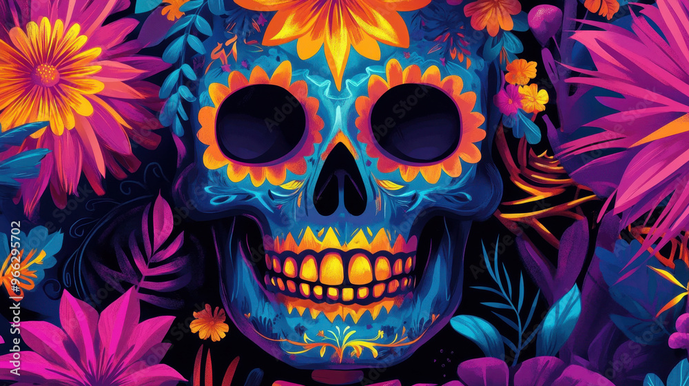 Vibrant Day of the Dead skull with colorful flowers on a dark background. Dia de los Muertos holiday celebration. Concept of life and death, mexican cultural traditions