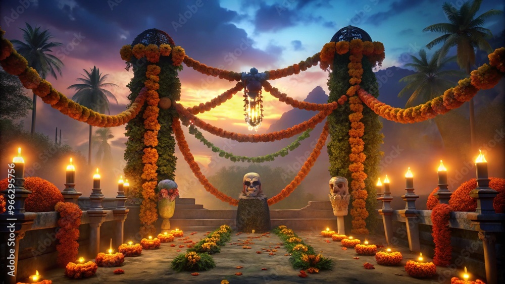 Vibrant Marigold Garlands Draped Over a Day of the Dead Altar for Celebrating Life and Memory Vibrant Marigold Garlands Draped Over a Day of the Dead Altar for Celebrating Life and Memory