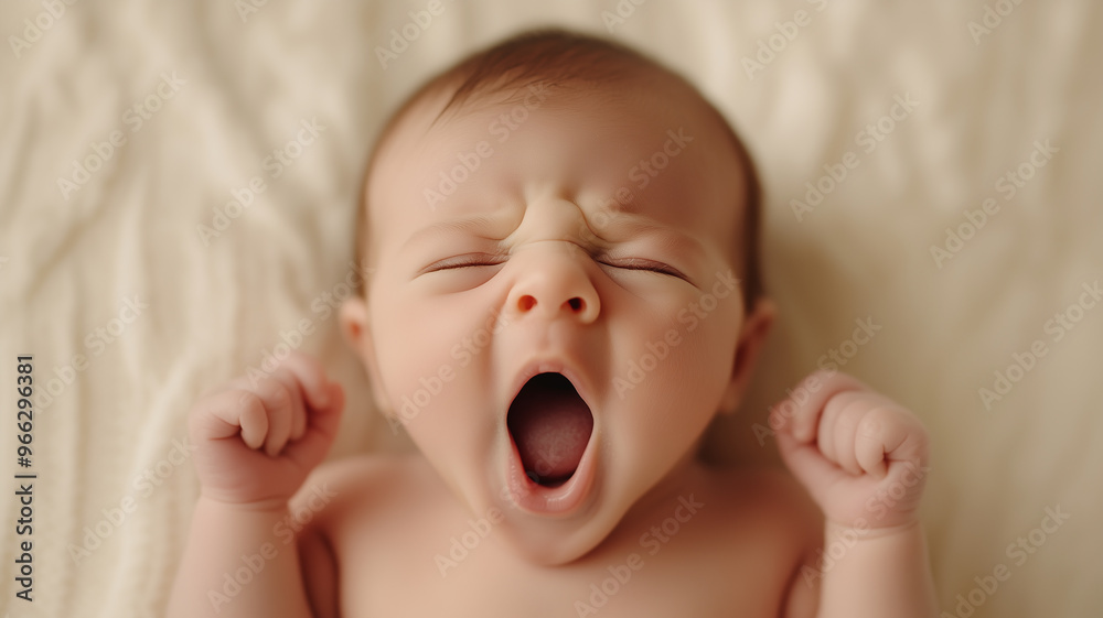 a newborn baby yawning, with their tiny mouth wide open and hands stretched out, set against a soft, neutral background a newborn baby yawning, with their tiny mouth wide open and hands stretched out, set against a soft, neutral background