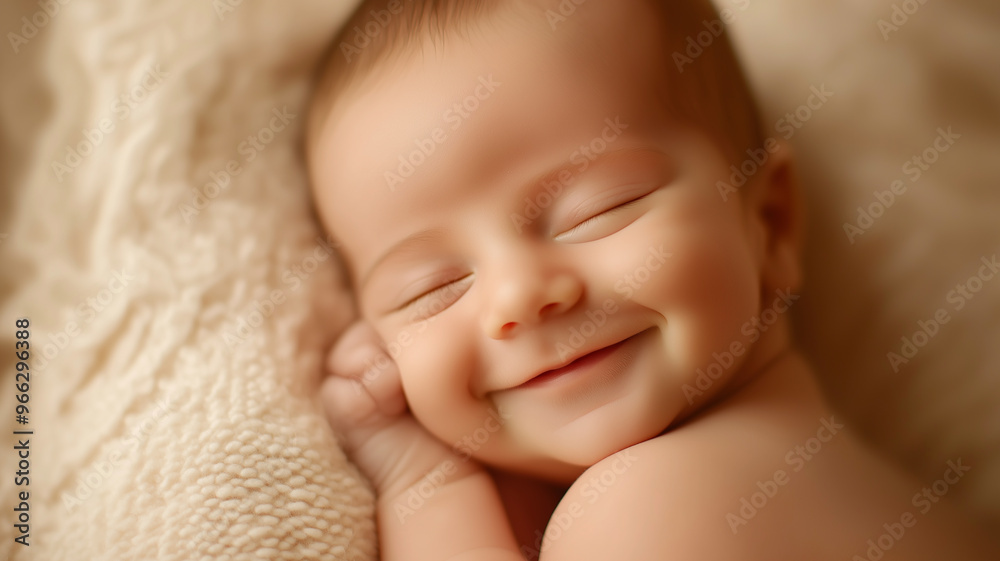 a newborn smiling in their sleep with their tiny face relaxed and content, set against a soft, neutral background a newborn smiling in their sleep with their tiny face relaxed and content, set against a soft, neutral background