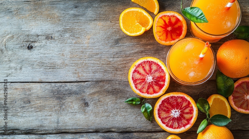 A top-down view of two glasses filled with orange juice, surrounded by fresh citrus fruit slices. The wooden background provides a rustic and natural feel A top-down view of two glasses filled with orange juice, surrounded by fresh citrus fruit slices. The wooden background provides a rustic and natural feel