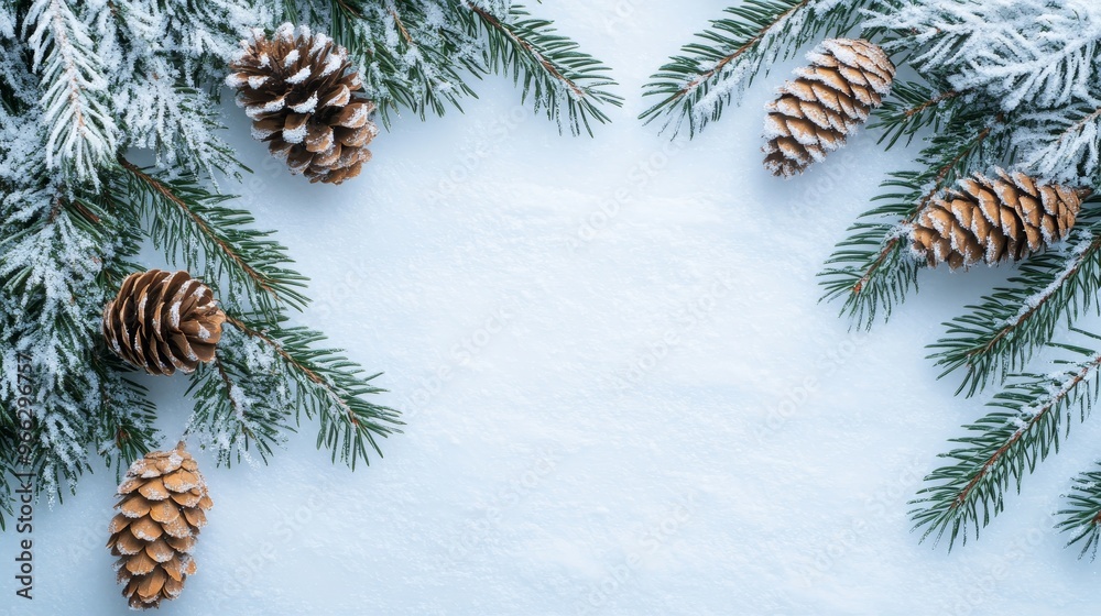 A top-down view of two snow-covered pine branches with pinecones on a white background. The image evokes a sense of winter tranquility, Christmas spirit, and natural beauty. A top-down view of two snow-covered pine branches with pinecones on a white background. The image evokes a sense of winter tranquility, Christmas spirit, and natural beauty.