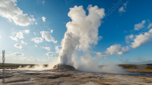 Wallpaper Mural 12. A dramatic geyser erupting in a geothermal area, sending a powerful plume of steam and water high into the air Torontodigital.ca