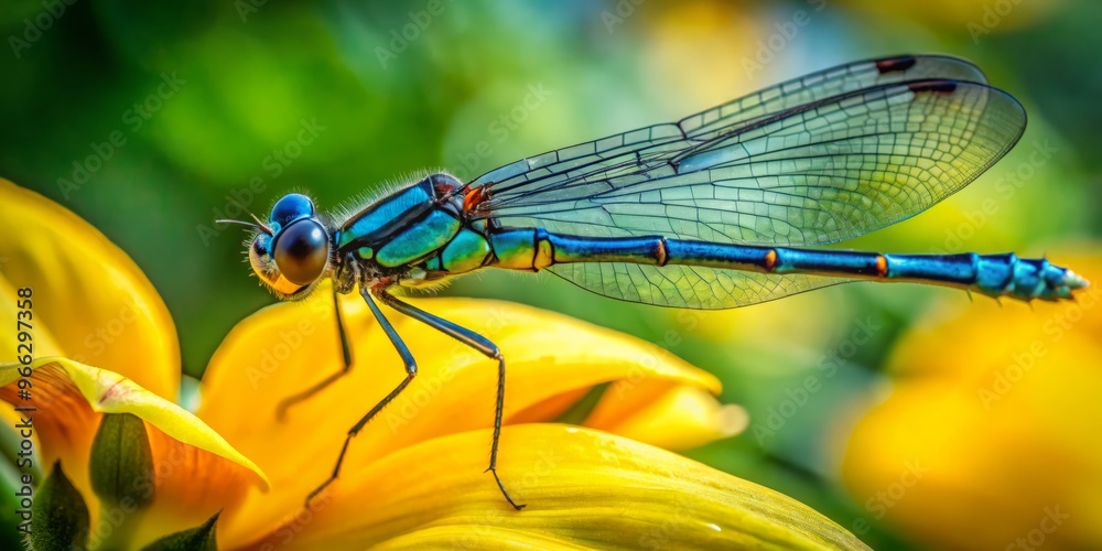 Vibrant close-up of a small, iridescent blue damselfly perched on a delicate yellow flower petal, surrounded by lush Vibrant close-up of a small, iridescent blue damselfly perched on a delicate yellow flower petal, surrounded by lush