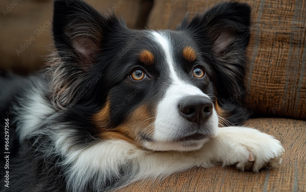 The dog rests comfortably, displaying a calm demeanor while being trained The dog rests comfortably, displaying a calm demeanor while being trained