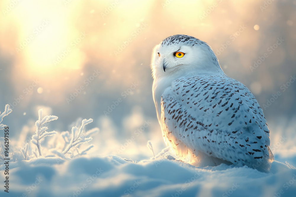 A striking close-up of a snowy owl in a minimalist, high-contrast setting with icy tones. A striking close-up of a snowy owl in a minimalist, high-contrast setting with icy tones.