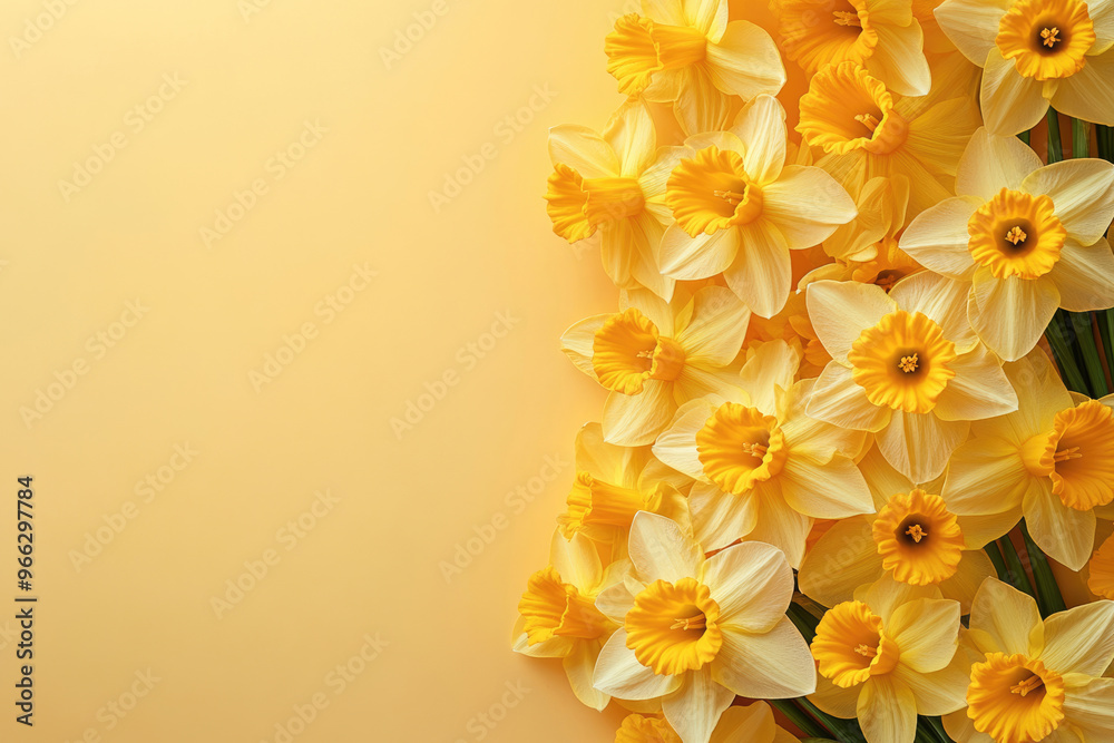 Obraz premium A banner featuring a vibrant bouquet of bright yellow daffodils with a space for text.