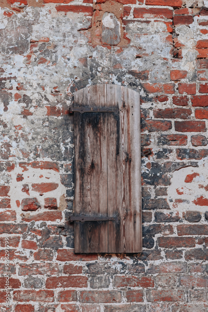 medieval wooden shutter with steel hinges against a red brick wall medieval wooden shutter with steel hinges against a red brick wall