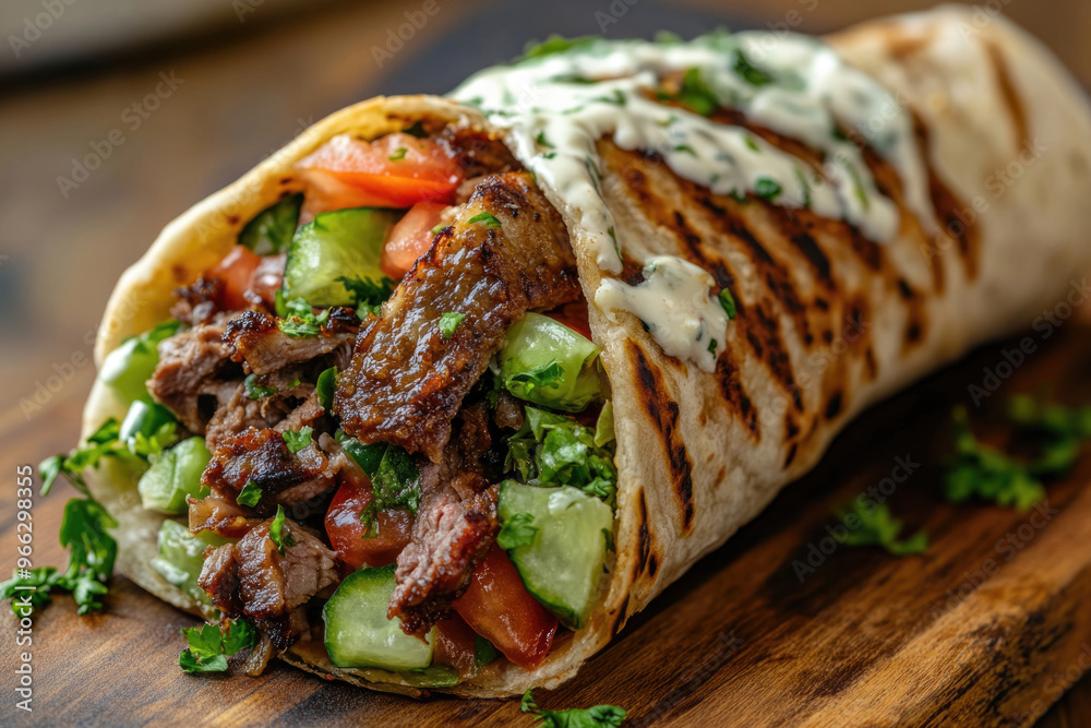 A freshly prepared shawarma wrapped in flatbread with savory fillings, ready to eat. A freshly prepared shawarma wrapped in flatbread with savory fillings, ready to eat.