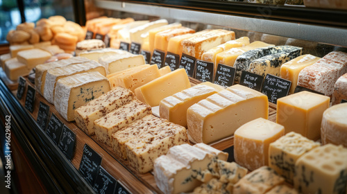 Cheese display case in a store.