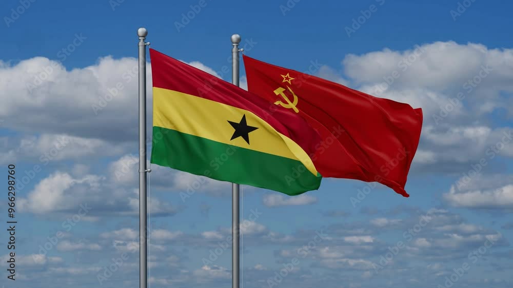 Soviet Union or USSR and Ghana flags flying together, video concept of the relationship, two country cooperation concept Soviet Union or USSR and Ghana flags flying together, video concept of the relationship, two country cooperation concept