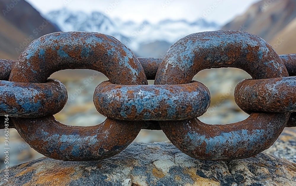 Weathered links of a chain lie on stones with snow-capped mountains visible in the background Weathered links of a chain lie on stones with snow-capped mountains visible in the background