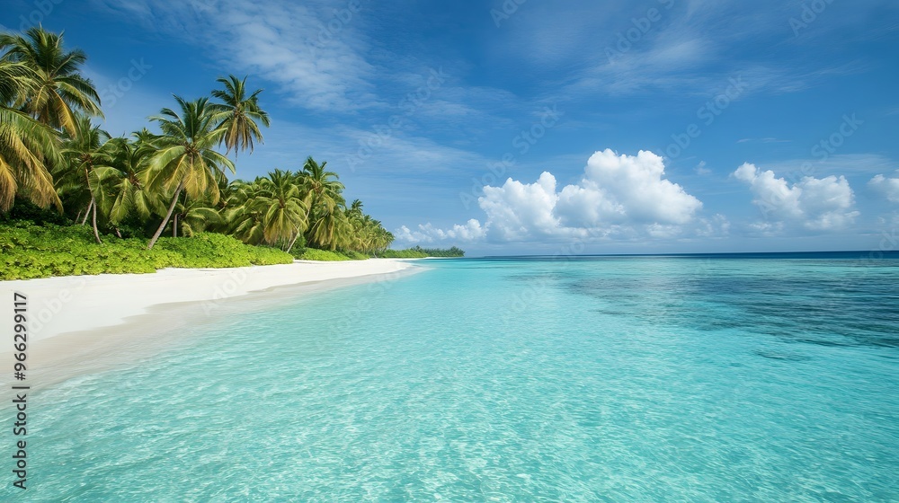 Fototapeta premium 3. A serene tropical beach with crystal-clear turquoise water and palm trees swaying in a gentle breeze