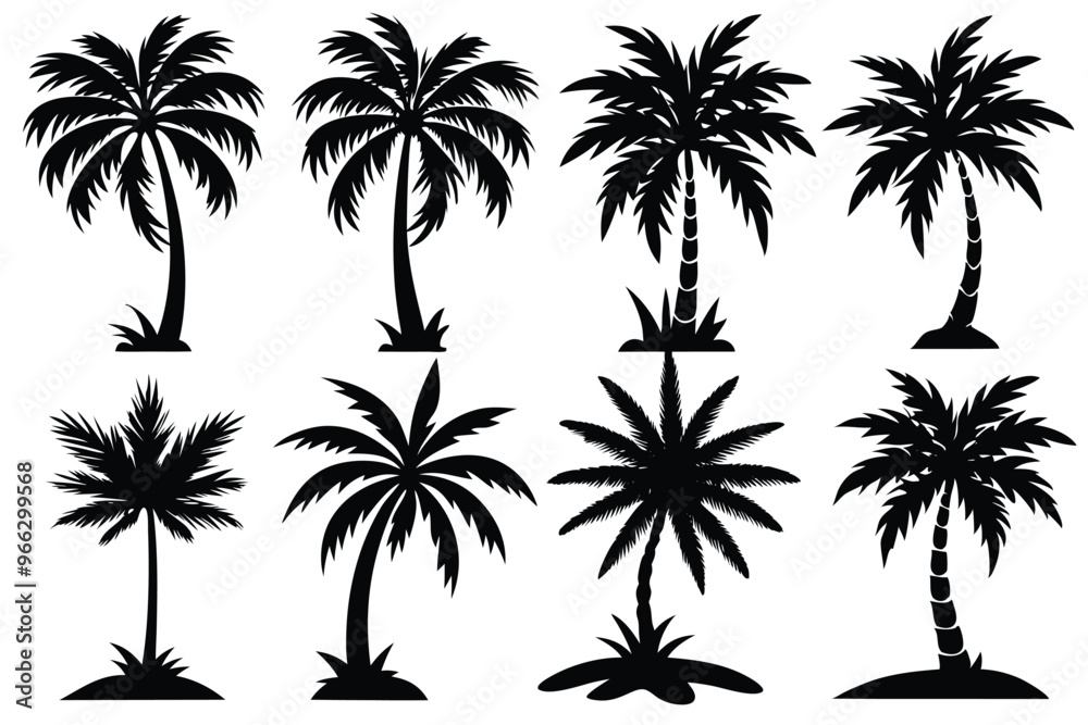 Fototapeta premium Simple Vector Palm Tree silhouette SVG icons and Beach Logo Designs in black and white and transparent background PNG file with Suns Clouds and Islands in the Ocean