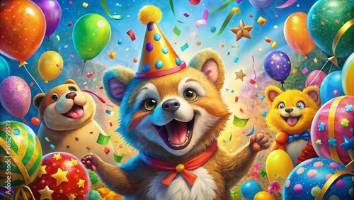 Vibrant, colorful illustration of a joyful party scene featuring confetti, balloons, and a smiling animal mascot photo