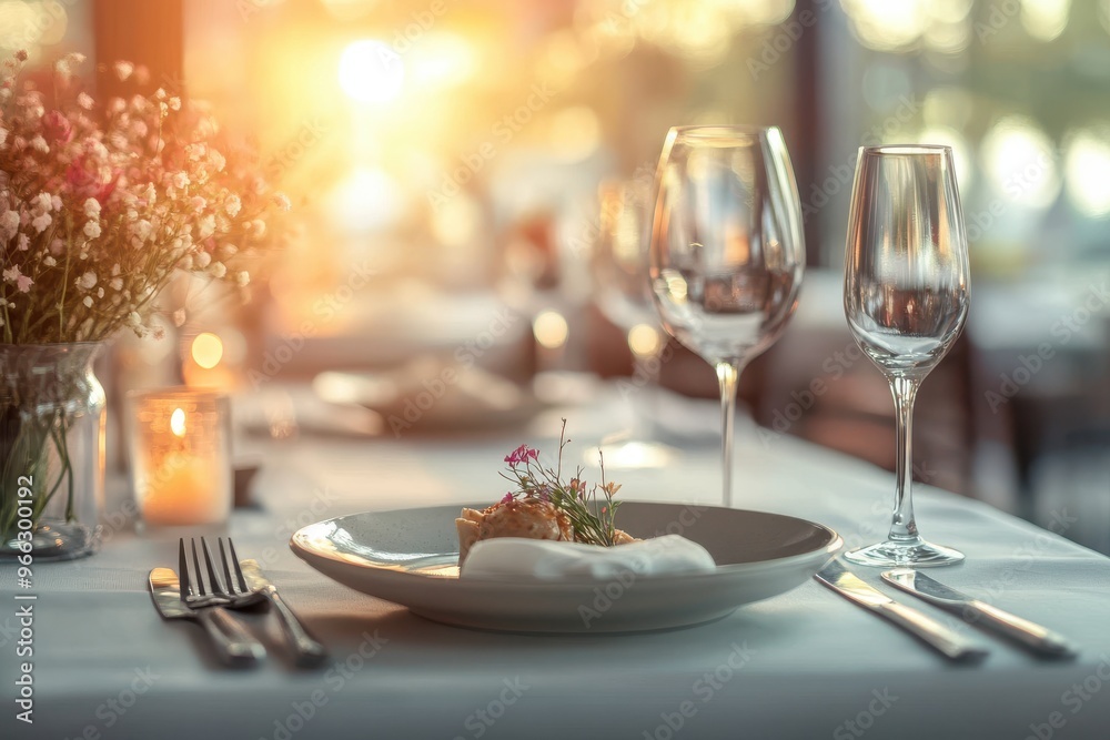 Elegant Dinner Table Setting with Candlelight and Flowers Elegant Dinner Table Setting with Candlelight and Flowers