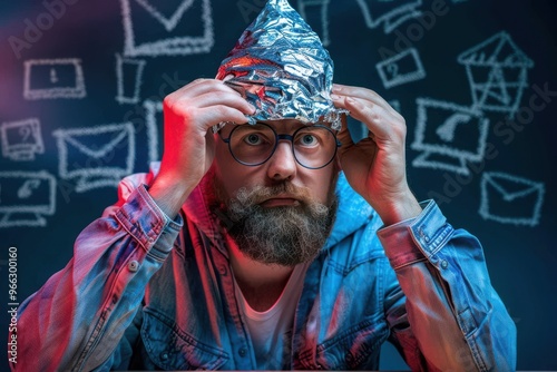 close-up of a male conspiracy theorist in a protective foil cap and glasses debunks myths. Conspiracy theory and the harm of the 5g network. Mobile killer. The schizophrenic works. close-up of a male 