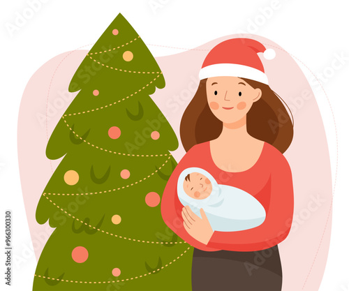 A mother in a red santa claus hat stands near the Christmas tree and holds a newborn. First Christmas with a baby. 