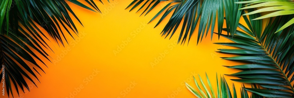 A vibrant image featuring lush green palm leaves arranged around a bright orange background. This composition evokes feelings of summer, vacation A vibrant image featuring lush green palm leaves arranged around a bright orange background. This composition evokes feelings of summer, vacation