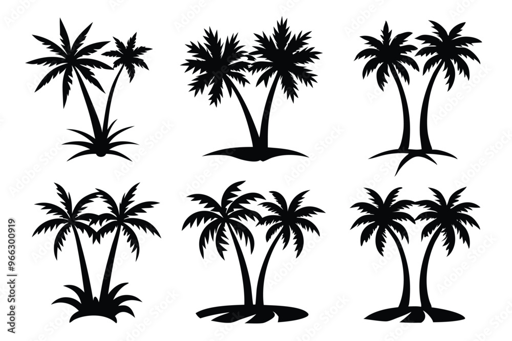 Obraz premium Simple Vector Palm Tree silhouette SVG icons and Beach Logo Designs in black and white and transparent background PNG file with Suns Clouds and Islands in the Ocean